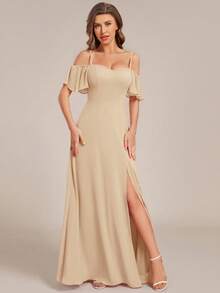 EVERPRETTY Elegant Off-Shoulder Champagne Chiffon Long Bridesmaid Dress, Suitable For Weddings And Graduation Ceremonies - Champagne - View 5