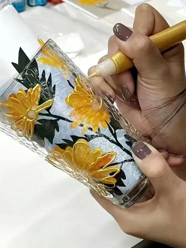 Goldumrandete Marker für Glas, Keramik und Metall - lebendiges Blumenmuster mit schwarzen Details, perfekt für DIY-Handwerke, Kunstprojekte und Heimdekoration, Bastelzubehör, Metallkunstmarker, detaillierte Kunstwerke, hochwertige Marker