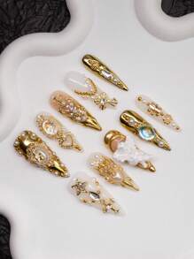 Spring/Summer Y2K Almond-Shaped Handmade Press-On Nails, Nude, Gold, White Nail Tips With French Edge, Irregular Metallic Liquid Design, Beads, Hearts, Pearls, Gems, Crosses, Rhinestones, Angel Decors. 10pcs/Set, 3 Size Options. Suitable For Party, Formal Occasions, Daily Wear. Includes Nail Tool Kit. Great Gift For Women & Girls.