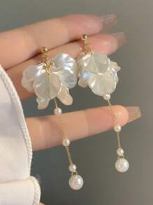 Brincos De Corrente Pérola Falsa Floral Estilo Coreano Com Pingente, Acessórios De Orelha Elegantes E Doces Para Meninas