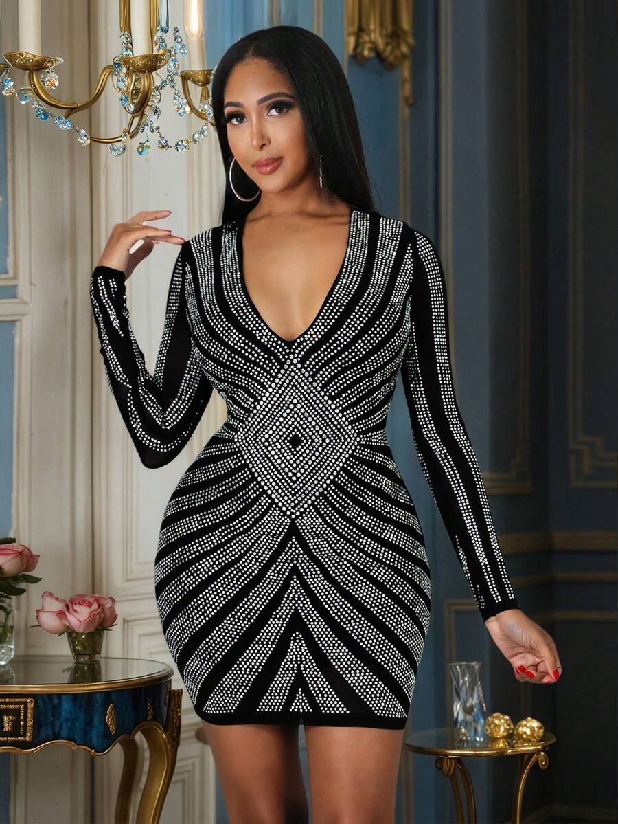 Abito da cocktail corto da donna con scollo a V profondo, decorato con paillettes e strass, silhouette a matita con maniche lunghe, Gonna aderente nera con scollo a V e strass, vestito da ballo autunnale e invernale, abiti da ballo formali da donna, abito natalizio