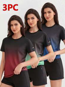 3 piezas Camiseta de manga corta deportiva para mujer con cuello redondo y degradado simple, adecuada para primavera y verano - Rojo - Ver 9