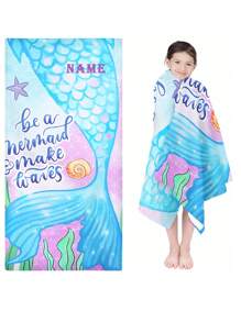 1 PIEZA Toalla personalizada con cola de sirena en estilo juguetón del océano, toalla de baño personalizada con escama de pez suave, regalo personalizado con nombre