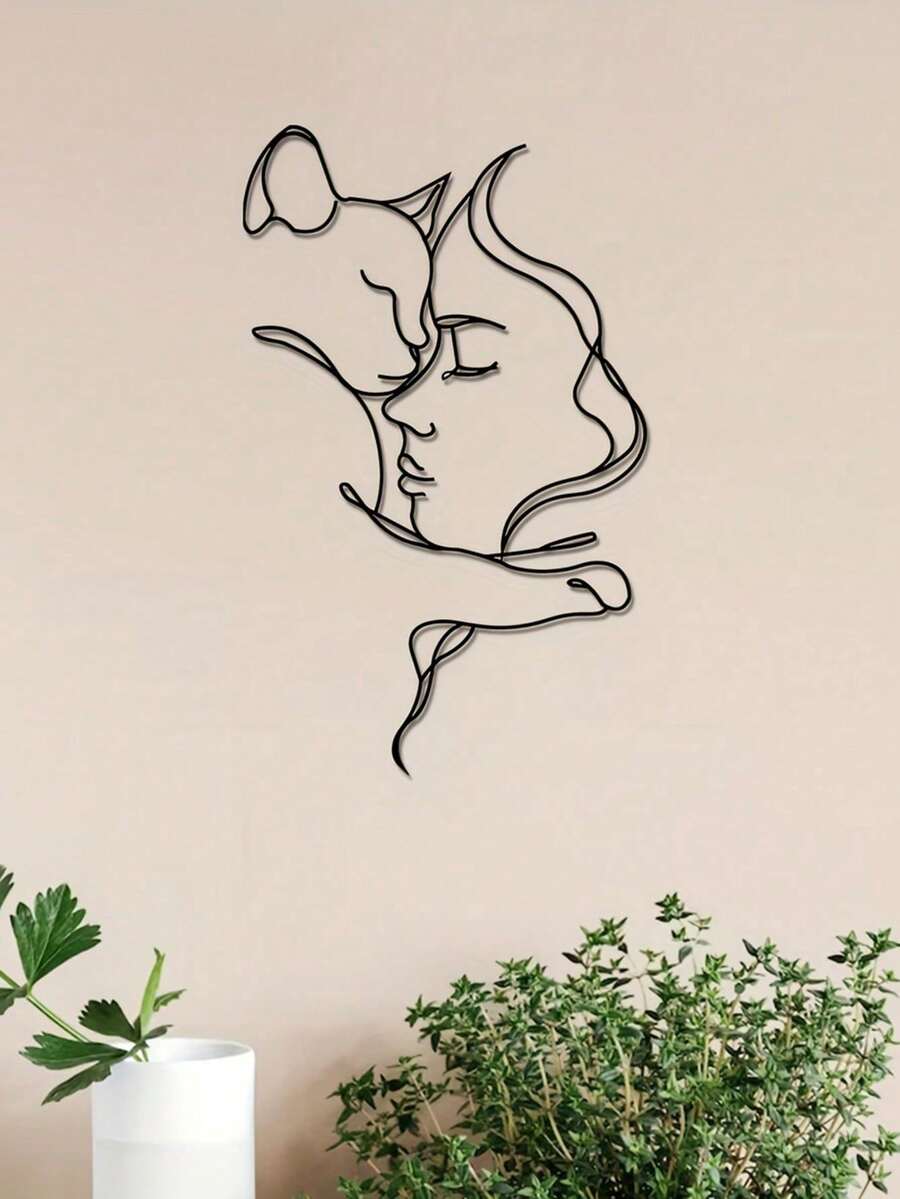 1PC Cat And Woman Metal Wall Art - Minimalist Lines Iron Painting, Hanging Wall Decor For Living Room Bedroom Bathroom Or Dining Room - Perfect Housewarming Gift, Aesthetic Room Decor - Black - View 1