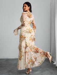 Women's Gothic Elegant Sexy Mesh Patchwork Colorful Floral Print Retro Flare Sleeve Ruffle Hem Fishtail Double Layer Dress - Multicolor - View 3