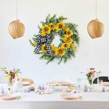 Spring Summer Sunflower Wreath For Front Door, 18 Inch Artificial Sunflower Wreath With Green Leaves & Bow For Home Party Window Wall Indoor Outdoor Decoration - Yellow - View 5