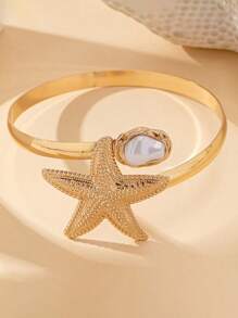 1 pieza Brazalete abierto de estilo asimétrico con estrella de mar de perlas falsas en estilo de moda playero, joya de regalo premium para mujeres