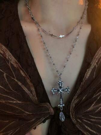 1pc Retro Punk Silver Cross Pendant Necklace, Double Layer Crystal Bead Long Clavicle Chain For Women