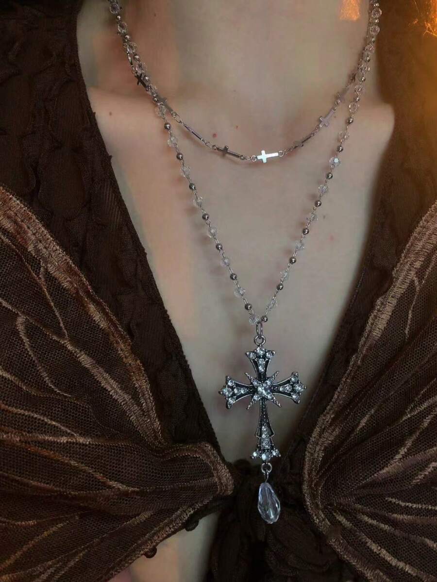 1 件复古朋克银十字架吊坠项链，双层水晶珠长锁骨链，适合女士 - 銀色 - 查看 1