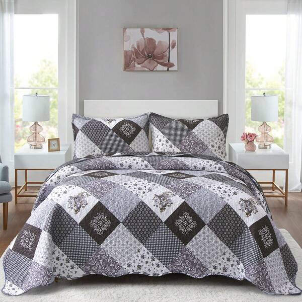 WONGS BEDDING Copriletto 220x240 cm Copriletto Patchwork Blu Copriletto Trapuntato Trapunta Motivo Fiori Copriletto in microfibra a quadri con 2 federe 50x75 cm