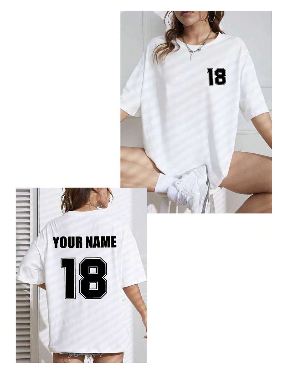 Plus Size Women's T-Shirt, Front And Back Customizable With Your Number Logo, Name/Text/Lucky Number, Gift For Family And Friends, Sports Style, White - White - View 1