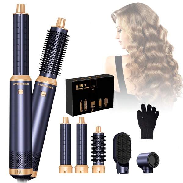 5-In-1 Multifunctional Hot Air Brush Set: Hairdryer, Curling Iron, Straightening Brush. Perfect Holiday Gift For Mother And Girlfriend (Blue & Gold)