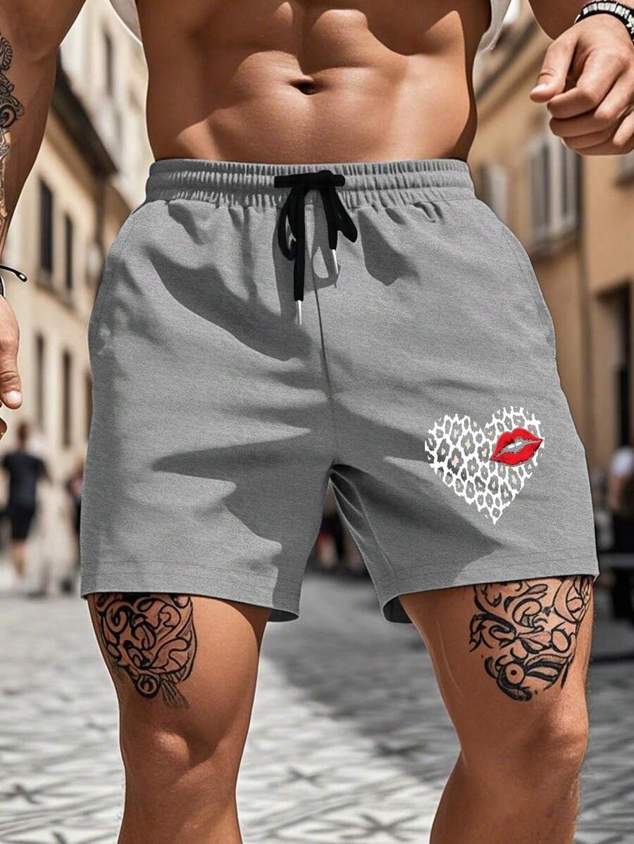 Leopard Print Heart Kiss Mark Standard-Sized Comfortable Shorts For Men,Sport,Suitable For Daily Wear, Summer, School, Streetwear, Casual Outfit - Light Grey - View 1