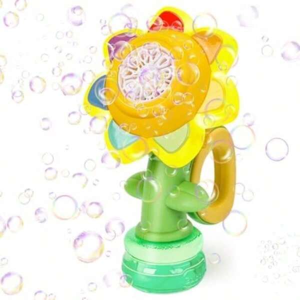 Nueva máquina de burbujas con flor de siete colores que produce burbujas con cabeza oscilante y luces de colores, juguete de burbujas con forma de girasol