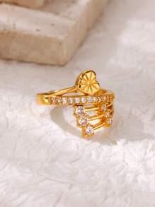 1 pieza Anillo de corazón geométrico de circonita para mujer, color dorado, acero inoxidable ajustable, anillo de boda de lujo, joya de corazón como regalo