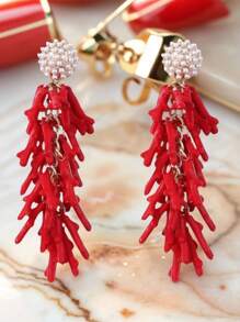 1 Pair Fashionable Red Coral Tassel Resin Earrings, Suitable For Women To Wear To Festivals, Parties, And Dates