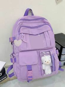 New Cute Kawaii Simple Solid Color Backpack, Multi-Pocket Multi-Function With Bear Pendant, Suitable For Back To School Season, Nylon Material Double Zipper Lightweight Large Capacity Foldable Bag, Including Backpack And Waist Bag, Very Suitable For Teenagers To Go To School, Daily Travel, Shopping, Travel And Vacation, Etc. - Ruby 8016+ Love Pendant - View 11