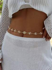 1 peça elegante corrente de cintura feminina com decoração floral e pérola, adequada para uso diário, presentes, festas e decoração de joias para banquetes