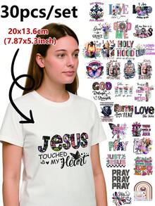 30pcs Inspirational Faith God Heat Transfer Stickers, 30pcs DTF Transfer Stickers, Ready To Iron Jesus Heat Transfer Stickers, Heat Transfer Stickers, For T-Shirt, Hoodie DIY Crafts