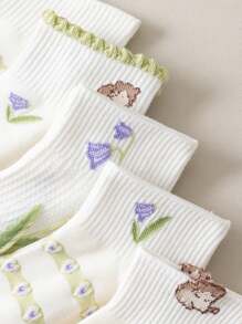5 Pares (Estilo Aleatório) Meias Curtas Respiráveis com Estampa de Alimentos Frescos e Flores, Meias Fofas de Renda Branca com Corte Baixo para Estudantes