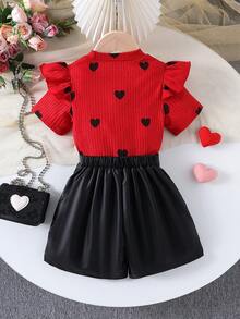 2 件套年轻女孩优雅盖袖心形印花上衣和蝴蝶结装饰短裤套装，夏季 - 紅色 - 查看 3