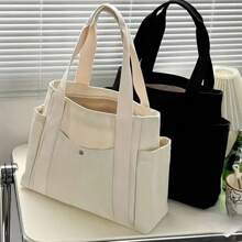 1 pieza/2 piezas Bolso de lona de gran capacidad, bolso de hombro con múltiples bolsillos, bolso de compras reutilizable, fácil de llevar con asa cómoda, para uso diario y regalos, bolso portátil para la escuela, el trabajo, los viajes y las compras