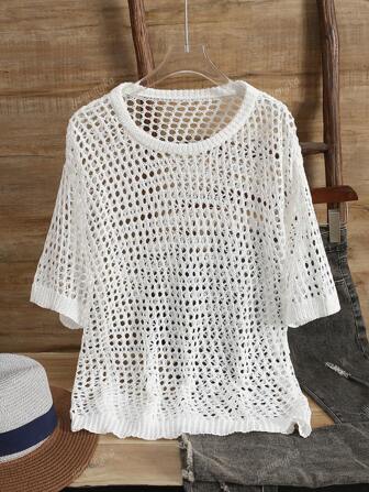 Knit Cardigan With Print, Fashion Crew Neck Short Sleeve Sweater For Women, Summer