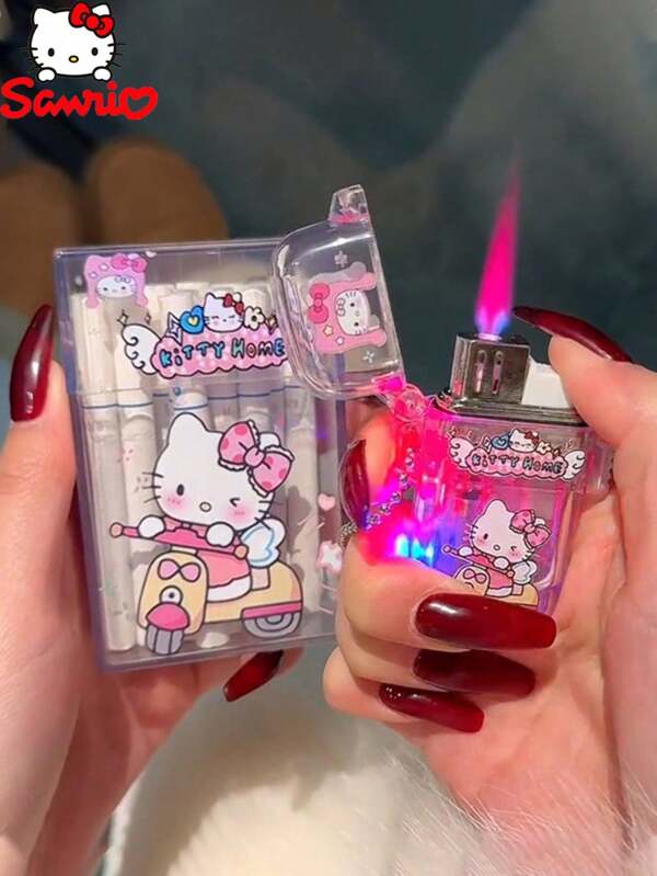 Sanrio 1 Pieza Caja de almacenamiento de accesorios de dibujos animados Hello Kitty y amigos, diseño abatible de plástico transparente, estuche de cigarrillos creativo integrado con doble orificio y almacenamiento para encendedor, estuche portátil de cigarrillos de doble orificio