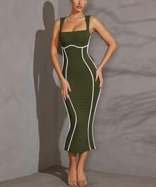 Elegant Striped Slim Long Dress For Women Summer Sleeveless Square Neck Back Split Bodycon Club Party Cocktail Dresses Sundresses