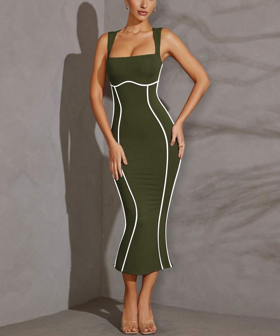 Elegant Striped Slim Long Dress For Women Summer Sleeveless Square Neck Back Split Bodycon Club Party Cocktail Dresses Sundresses