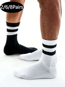 2/6/8 Paar gestreifte Herren Socken, schwarz/weiß, knöchelhoch/kniehohe Athletik/Sport Socken, unisex