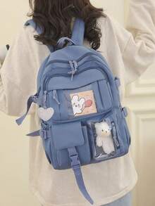 New Cute Kawaii Simple Solid Color Backpack, Multi-Pocket Multi-Function With Bear Pendant, Suitable For Back To School Season, Nylon Material Double Zipper Lightweight Large Capacity Foldable Bag, Including Backpack And Waist Bag, Very Suitable For Teenagers To Go To School, Daily Travel, Shopping, Travel And Vacation, Etc. - Ruby 8016+ Love Pendant - View 10