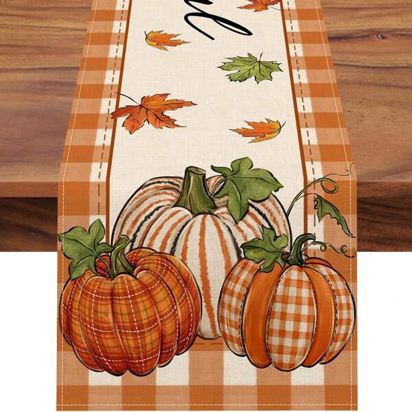 Thanksgiving Pumpkin Table Runner, Autumn Maple Leaf & Buffalo Plaid Farmhouse Kitchen Table Decor, Fall Holiday Home Decor Indoor Outdoor Party Supplies