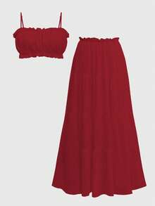 Look Polly 女士两件套，纯色无肩带吊带上衣和长裙，女装，返校季服装，秋季女装，教堂礼服，度假音乐节服装，休闲家居服套装，优雅女士套装，沙滩装，时尚系列，红色裙子 - 酒紅色 - 查看 4