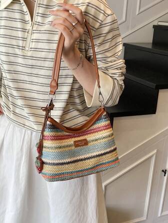 彩色编织沙滩度假风PU拼接水桶包、带吊坠的单肩包、编织斜挎包