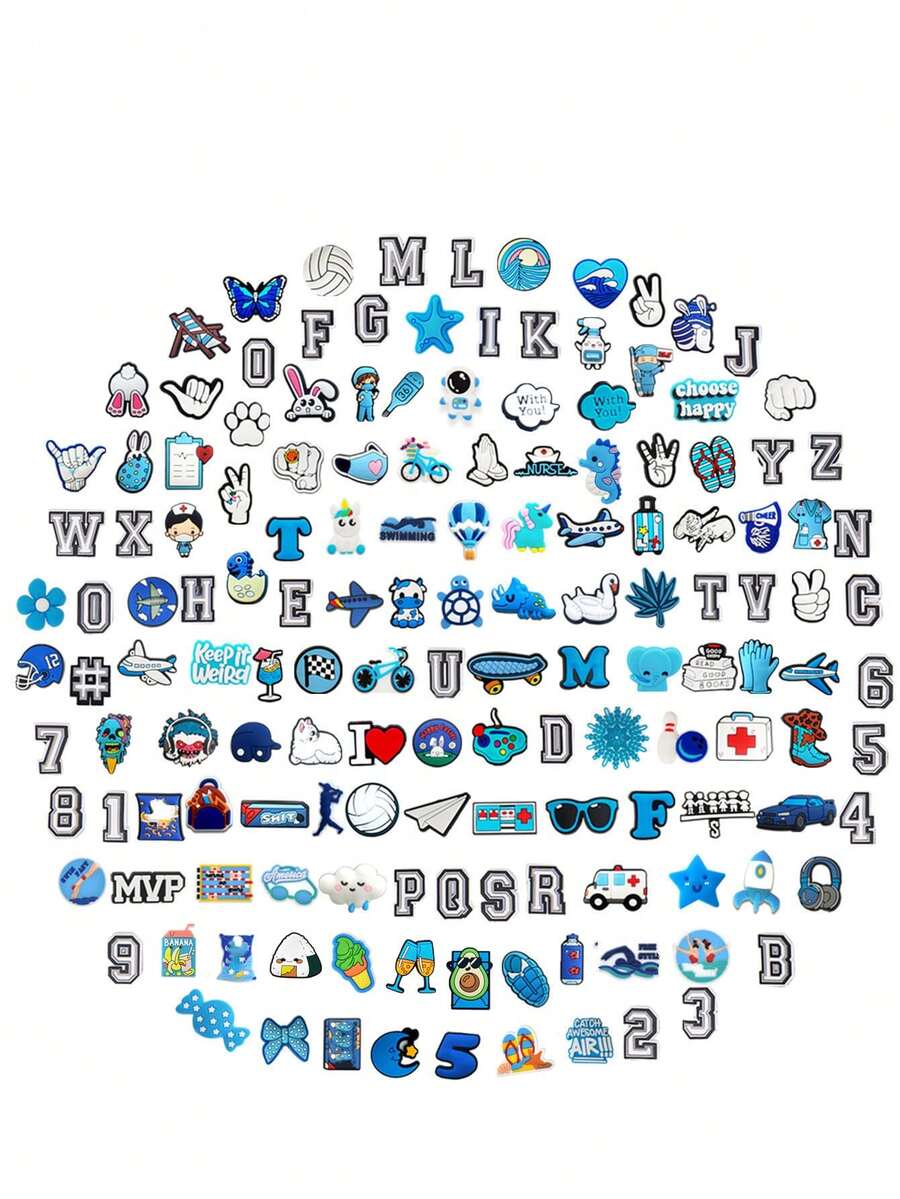 不重复随机款式 10/20/30 件蓝白系列鞋饰 DIY 鞋饰 优质流行饰物配件 泡泡拖鞋凉鞋，PVC 鞋饰 沙滩包配件 适合青少年、男士、女士和成人的绝佳礼物 - 彩色 - 查看 1