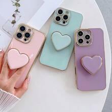 镀金心形支架和镀金手机壳，适用于 17 16e 15 14 13 12 11 XS XR X 7 8 Plus Pro Max Galaxy S25 S24U S23 A55 A54 A35 A25 A15 A16 A17 A07 A06 REDMI NOTE 14/13/12/11/10/9/8 A5/A3，镀金保护套 - 粉色 - 查看 6