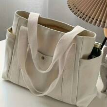 1 pieza/2 piezas Bolso de lona de gran capacidad, bolso de hombro con múltiples bolsillos, bolso de compras reutilizable, fácil de llevar con asa cómoda, para uso diario y regalos, bolso portátil para la escuela, el trabajo, los viajes y las compras