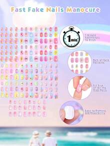 Naio Kids Press-On Nails, (168pcs And 24pcs) Kids False Nails Pre-Glued Nail Stickers Full Cover Short False Nails Set For Girls Gift Nail Art Decoration - Multicolor - View 3