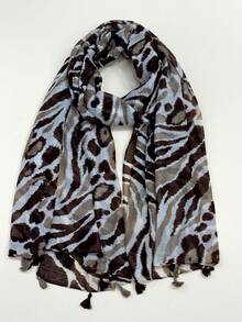 新款波西米亚印花围巾，轻盈透气流苏披肩，优雅女士防晒度假旅行围巾 - 咖啡棕 - 查看 2