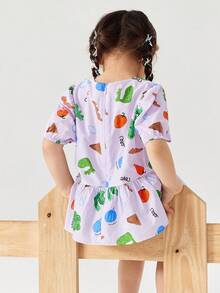 mini bala Girls' Puff Sleeve Blouse – Soft Sweet Baby Shirt, Summer New Arrival, Breathable Top - Purple Green Hue - View 3