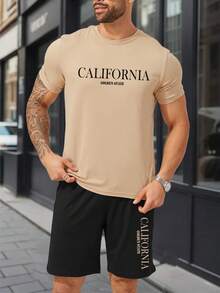 Customized Men's Outfit, Summer/Autumn Version, Khaki T-Shirt And Black Shorts, Casual, Loose Fit. Input Your Text - Name, Slogan, Fun Text, Blessing. Suitable For Boyfriend, Family, Friend's Birthday, Holiday Gift, Valentine's Day, Birthday, Anniversary Custom Gift For Him