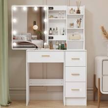 White Dressing Table With LED Makeup Mirror And 7 Shelves 4 Drawers Vanity Desk