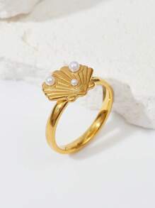 1 Peça Anel Ajustável Floral com Pérola Falsa, Concha e Estrela-do-mar, Retrô de Aço Inoxidável Dourado, Moda Verão Festa na Praia Uso Diário, Ótimo Presente para Namorada, Amiga