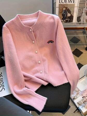 Women's Sweet Rainbow Embroidered Long Sleeve Single-Breasted Cardigan