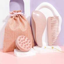 3pcs Wheat Straw Wide-Toothed Comb Set Gift Bag, Smooth Hair Style Fluffy Comb, Cute Comb For Girls, Home, Travel, Hair Styling Comb, Pink, Purple.,Back To School,Travel Holiday Essentials,Hair Accessories For Women - Multicolor - View 5