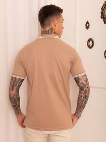 Lucky Star Modas Men's Striped Polo Shirt Piquet Knit - Khaki - View 3