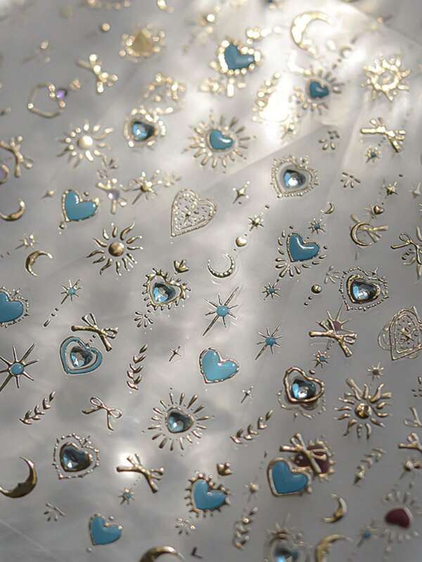 1pc Gold Totem Blue Heart Nail Art Stickers, Aurora Holographic Coquette Nail Decals, For Nail Art Design, Rhinestones, 5D Self-Adhesive, Nail Accessories For Women,Aesthetic Nail Art