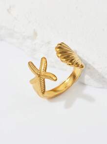 1 Peça Anel Ajustável Floral com Pérola Falsa, Concha e Estrela-do-mar, Retrô de Aço Inoxidável Dourado, Moda Verão Festa na Praia Uso Diário, Ótimo Presente para Namorada, Amiga