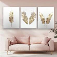 3 Stücke goldene Federn Engelsflügel moderne Poster Wandkunst, Bilder, Leinwandmalerei, ideal als Geschenk für Raumdekoration Wohnheim, Badezimmerdekoration, ohne Rahmen 50x70cm
